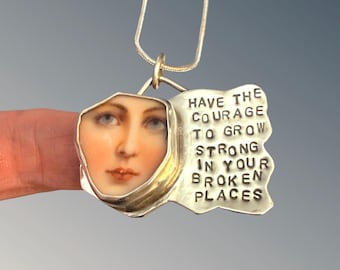 Stamped Courage Quote Jewelry,Sterling Silver Portrait Pendant,Ceramic Necklace,  Have The Courage,Gift For Women, Robin Wade Jewelry, 3296