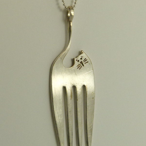 Fred The Fork Cat - Up Cycled Sterling And Silver Plated Fork - Cat - Silverware - Art Jewelry Pendant - 1809