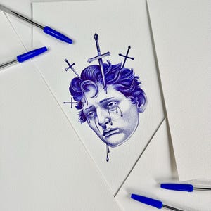 Osservatore silenzioso - ritratto con penna a sfera blu - schizzo umano distopico - disegno a inchiostro - stampa artistica con linee emozionali