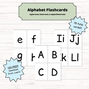 Afdrukbare alfabet-flashcards | Hoofdletters en kleine letters | Zwart-wit | Kleuter- en kleuterschool | ABC-leerkaarten