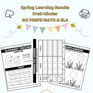 Spring Learning Pack for PreK-K No Prep PDF Google Slides, Canva ELA Math Worksheets Digital Download for Teachers, Parents, Homeschool