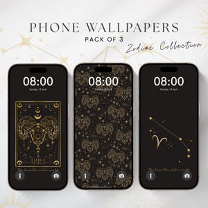 Aries Zodiac Phone Wallpapers – 3 Digital Backgrounds with Constellation, Pattern & Tarot Card-Style | Celestial Aesthetic Download | Zodiac