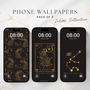 Fonds d'écran pour téléphone du zodiaque Verseau | 3 fonds numériques avec constellation, motif et style carte de tarot | Télécharger Esthétique Céleste
