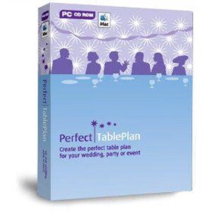 Könnte beinhalten: Software-Box mit einem lila und blauen Design. Die Box zeigt eine Silhouette von Personen an einem Tisch mit Gläsern und einer Lichterkette. Der Text auf der Box lautet "Perfect TablePlan" und "Erstellen Sie den perfekten Tischplan für Ihre Hochzeit, Party oder Veranstaltung."