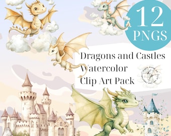 Dragons and Castles Watercolor Clip Art Pack