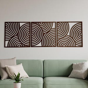 Abstract Circles Wall Art. Set of 3 Wooden Panels. Boho Living Room Decor. Wooden Wall Home Decor.