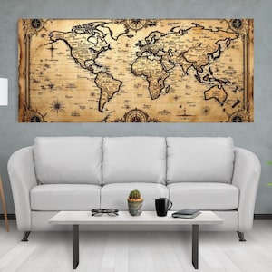 Art mural vintage carte du monde sur toile - impression de carte du vieux monde de style explorateur antique pour le bureau, la salle d'étude ou le cadeau pour les amateurs de voyage