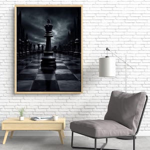 Arte mural del Rey del Ajedrez Oscuro: lienzo de juego de mesa estratégico con un toque melancólico, decoración gótica negra para oficina, estudio, sala de juegos o ambiente intelectual.