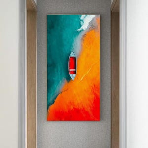 Arte mural minimalista de barco rojo: impresión costera aérea con arena naranja y océano verde azulado, póster de decoración náutica moderna para el hogar.