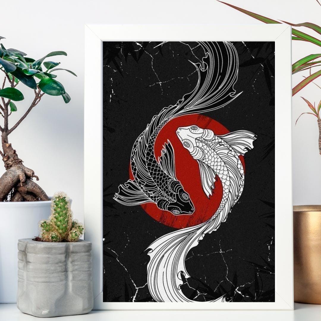 Yin Yang Koi Fish Wall Art – Japanese Minimalist Black and White Print ...