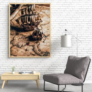 Vintage Segelschiff Kunst - Leinwand Kunst - Antike Karte Nautische Wanddeko | Retro Maritimes Poster für Büro, Arbeitszimmer oder Wohnzimmer