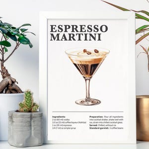 Arte de parede com receita de Espresso Martini – Pôster minimalista de coquetel – Decoração de bar para cozinha ou casa – Impressão de café com álcool para amantes de mixologia