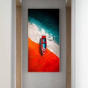 Luftseilboot Strand Wandbild - Rotes Boot Leinwanddruck mit Meereswellen und orangefarbenem Sand, Küsten modernes Wohndekor Poster