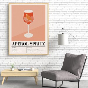 Impresión de receta de Aperol Spritz: arte mural de cócteles de verano, póster de bebida moderno para la cocina o el bar del hogar. Decoración con póster de cócteles.
