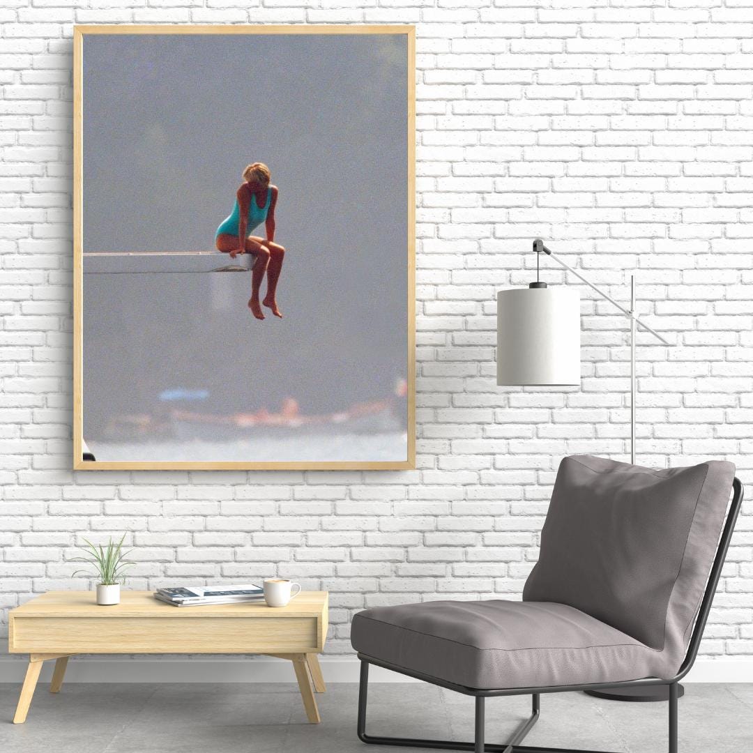 Princess Diana Poster – Iconic Diving Board Photograph, Vintage Royal Portrait Wall Art, 80s Nostalgia Print for Home Decor