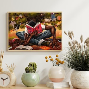 Stampa artistica di libri afrocentrici / Poster da parete "La conoscenza è potere" / Arte di lettura del patrimonio nero / Belle arti culturali su carta