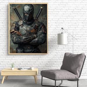 Cyberpunk Samurai Wall Art - Poster Dark warrior mit Twin Katanas, Moderne Rüstung Leinwand für Gamerzimmer oder Bold Home Decor