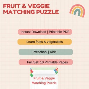 Fruit and Veggie Matching Puzzle, Printable Montessori Activity, Preschool Learning Game, Color, Food Recognition Cards, Homeschool Learning