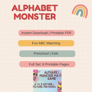 Alphabet Monster Game Printable for Kids 6 Page Fun Worksheet Learning Activity Preschool & Kindergarten Educational PDF | Instant Download