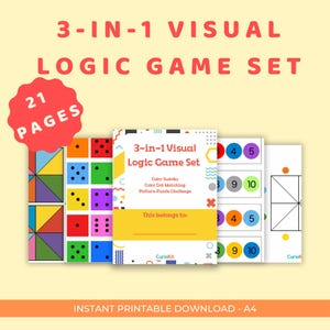 May include: A visual logic game set with the text "3-IN-1 VISUAL LOGIC GAME SET" in red. The set includes 21 pages with color sudoku, color dot matching, and pattern puzzle challenges. The set is an instant printable download.