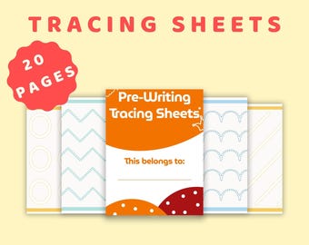 May include: A set of pre-writing tracing sheets with the text "Pre-Writing Tracing Sheets" in orange and white. The cover has the text "This belongs to:" and a red circle with the number "20 PAGES". The background is light yellow.