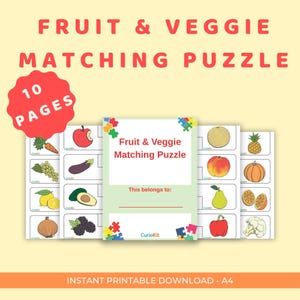 Peut inclure: Un puzzle d'association de fruits et légumes imprimable avec 10 pages. La couverture indique "Fruit & Veggie Matching Puzzle" et comprend un espace pour écrire le nom du propriétaire. Le puzzle présente des illustrations de divers fruits et légumes.