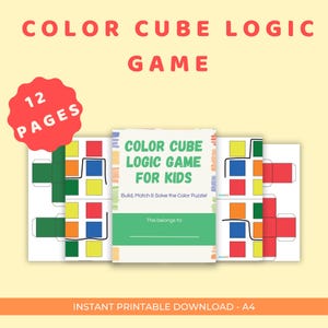Może przedstawiać: Drukowana gra logiczna z kostkami kolorów dla dzieci. Gra zawiera 12 stron z kolorowymi wzorami kostek. Okładka głosi "Color Cube Logic Game for Kids". Gra ma na celu budowanie, dopasowywanie i rozwiązywanie kolorowych łamigłówek.