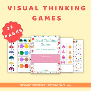 Może przedstawiać: Zestaw gier wizualnych do druku z kolorowymi ilustracjami. Okładka głosi "Visual Thinking Games" i "Color & Shape Matching". Zestaw zawiera 22 strony aktywności. Tekst "Instant Printable Download - A4" znajduje się na dole.