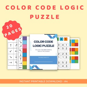 Puede incluir: Un rompecabezas de lógica de código de color imprimible con 20 páginas. La portada presenta el título "COLOR CODE LOGIC PUZZLE" y el texto "FOLLOW THE DIRECTIONS & SOLVE THE PUZZLE!". El rompecabezas incluye cuadrículas codificadas por colores y flechas direccionales.