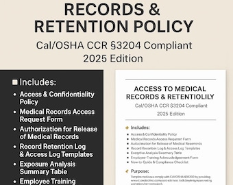 Cal/OSHA Medical Records Access Policy: Forms, Log, Checklist (Digital Download)