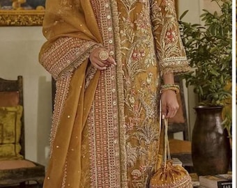 Mustard Gold Hand-Embroidered Pakistani Wedding Dress | Zari, Dabka, Resham Work