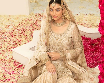 Gold Bridal Sharara Dress | Heavy Embroidered Pakistani Wedding Outfit