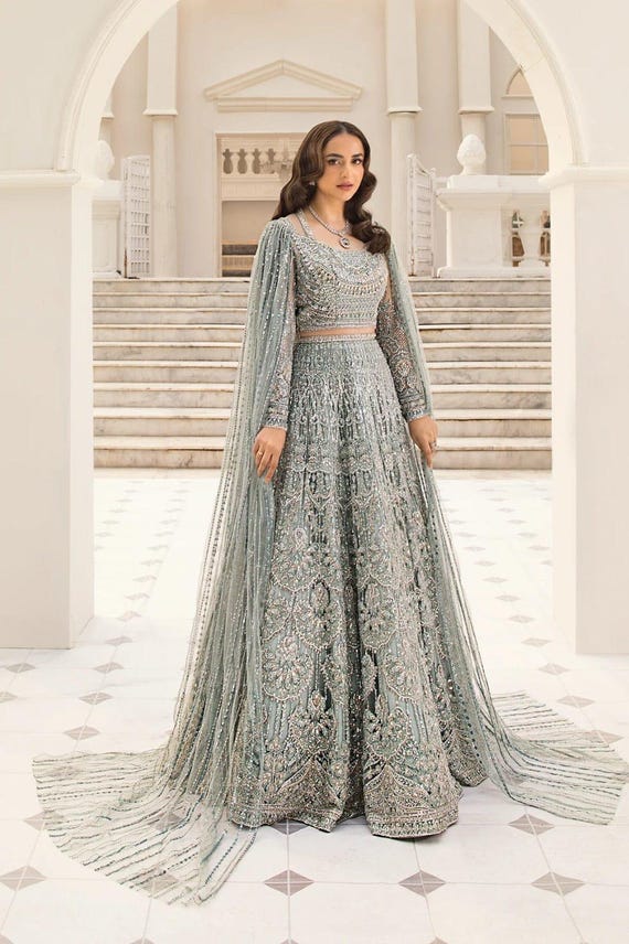 Buy Pakistani Bridal Lehenga Choli Sage Green Silver Zari Hand Embellished  Indian Wedding Dress Online in India - Etsy