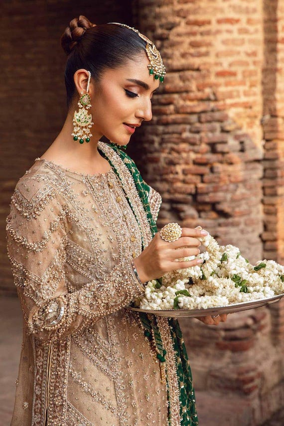 beige green dress Embellished Bridal Long with Dupatta| Handworked Formal Pakistani Outfit for Wedding & Reception Events |Formal party wear Dupatta) Long kameez with new-mock-all-clothing-copy LAGUNA CAMERON pink cotton Color::#23-Tangerine