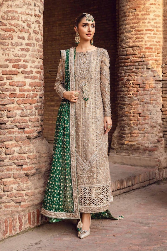 green and beige dress Embellished Bridal Long with Dupatta| Handworked Formal Pakistani Outfit for Wedding & Reception Events |Formal party wear Outfit