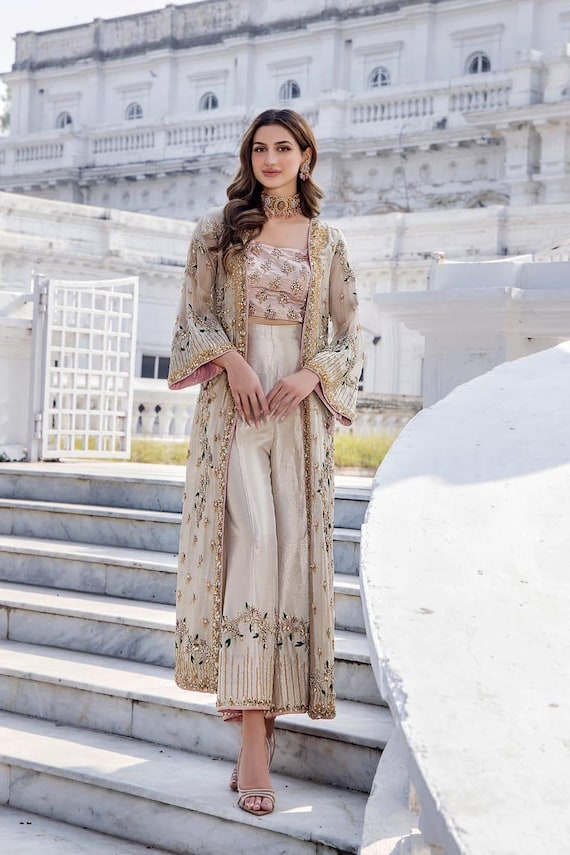 long jacket dresses indian Embroidered Jacket Dress | Pakistani Indian Formal Wear