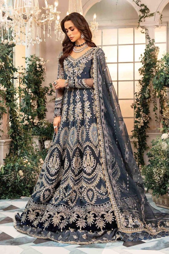 blue bridal maxi dress Navy | Gold Embroidery, South Asian Wedding Color:M-Pool Sequins Embroidered Lace Sleeves cat_puff_sleeves Plus Size Wedding Guest