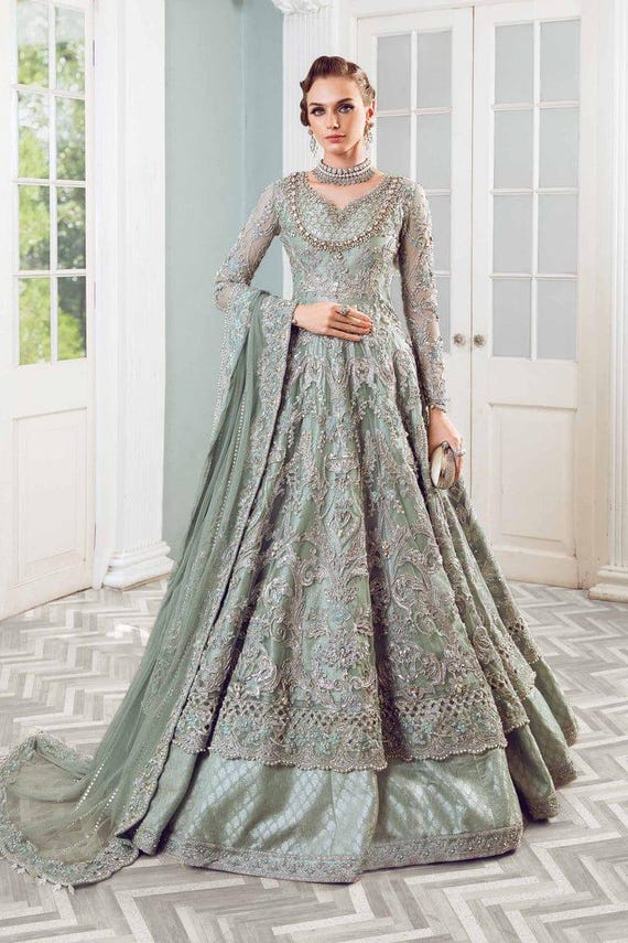 sage green indian dress Sage Green Bridal Sangeet Lengha for Stylish Brides