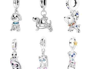 Sterling Silver Cat and Dog Charms | Enamel, Cubic Zirconia