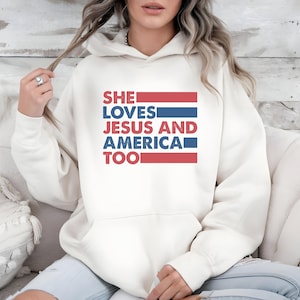 Retro USA Sweatshirt, She Loves Jesus And America Too, Women&#39;s USA Crewneck Sweatshirt, USA Shirt, America Sweatshirt, Patriotic Sweatshirt