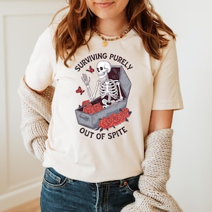 Surviving Purely Out Of Spite Shirt, Funny Goth Celestial Skeleton And Bats Shirt, Bat Lover Gothic Boho Tshirt, Celestial Woman Tee