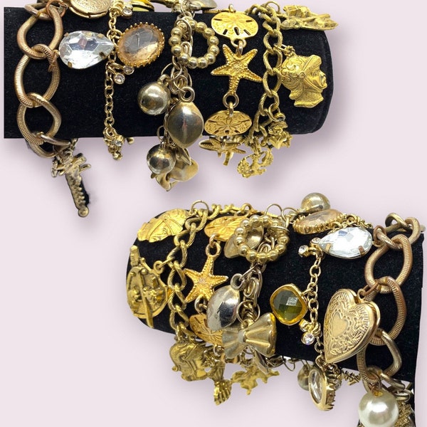 Retro Gold Charm Bracelets Gemstone Statement Jewelry Lot