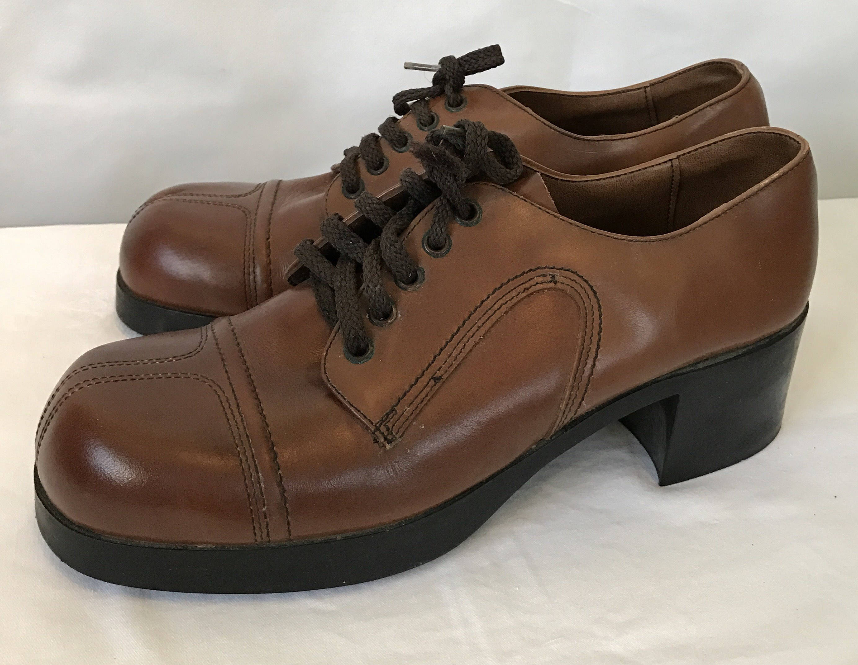 Vintage Men s Platform Shoes 1970 s Disco Era Brown Leather
