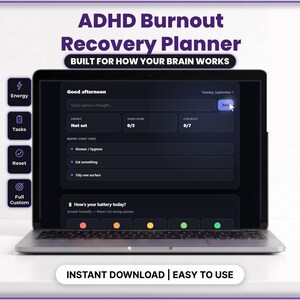 ADHD Burnout Recovery Planner Interactive Digital Journal Low Dopamine Energy Battery Tracker Neurodivergent Self Care App Template