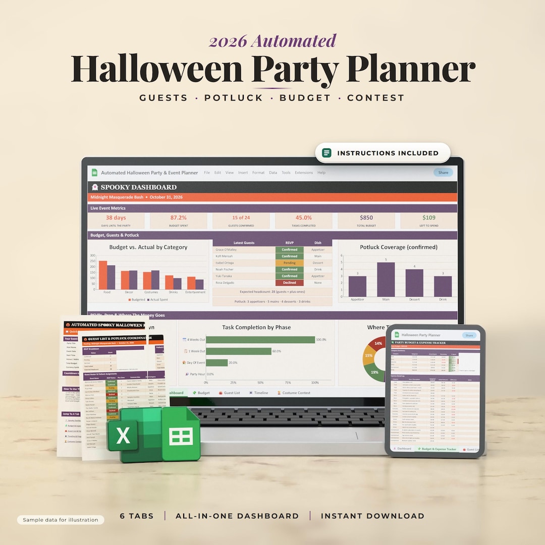 Halloween Party Planner 2026 Excel Template, Guest List Tracker ...