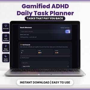 Gamified ADHD Daily Task Planner, Interactive Self Care & Dopamine Reward Tracker, Pastel Dark Mode Habit Tracker, Digital Product Web App