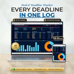May include: A digital Deal & Deadline Tracker displayed on a laptop and tablet screen, featuring data tables, bar charts, and a pie chart. Text includes "EVERY DEADLINE IN ONE LOG," "SET UP IN MINUTES," "INSTRUCTIONS INCLUDED," "AUTO-CALCULATING," and "11 TABS INCLUDED."