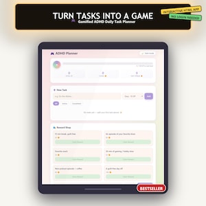 Gamified ADHD Daily Task Planner, Interactive Self Care & Dopamine Reward Tracker, Pastel Dark Mode Habit Tracker, Digital Product Web App