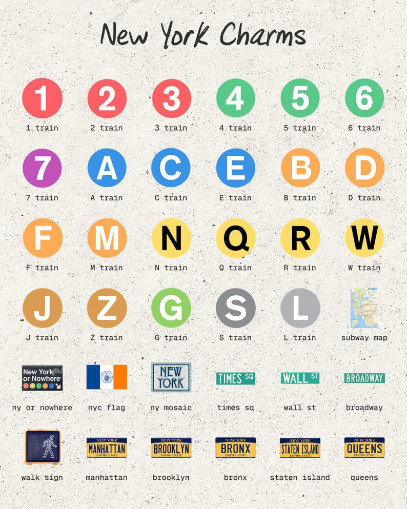 Peut inclure: Graphique pr&eacute;sentant les lignes de m&eacute;tro et les symboles de New York. Il comprend des num&eacute;ros et des lettres de train, ainsi que des noms comme Manhattan et Brooklyn. Le texte indique "New York Charms", avec diverses r&eacute;f&eacute;rences &agrave; la ville.