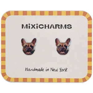 French Bulldog Earrings, Fawn Frenchie Jewelry, Tan Frog Dog Face Charm, Handmade Pet Lover Gift, Hypoallergenic Stainless Steel Studs